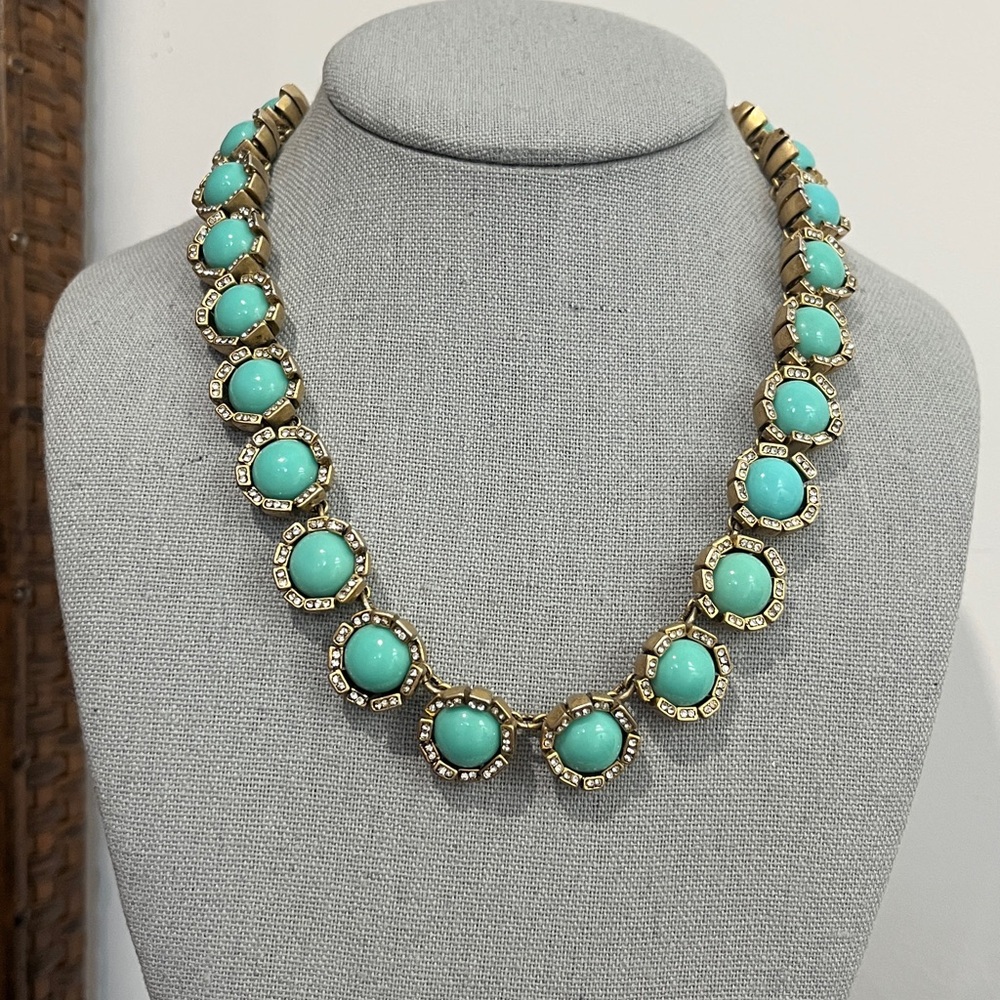 J Crew Deco Style Water Lily Necklace Robin Egg Blue Turquoise Cabochons Crystal